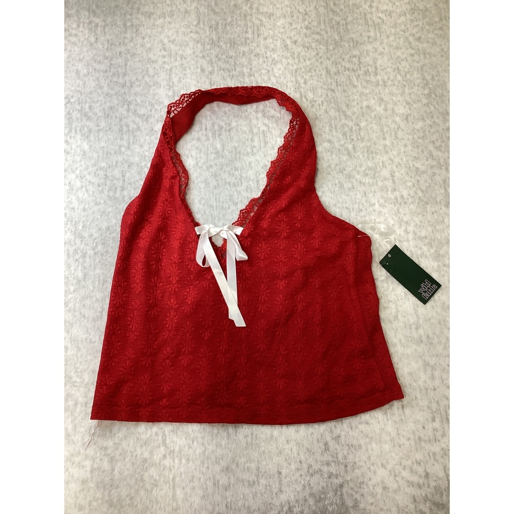Wild Fable Red Floral Lace Halter Top White Bow V-Neck Cropped Tank NWT M